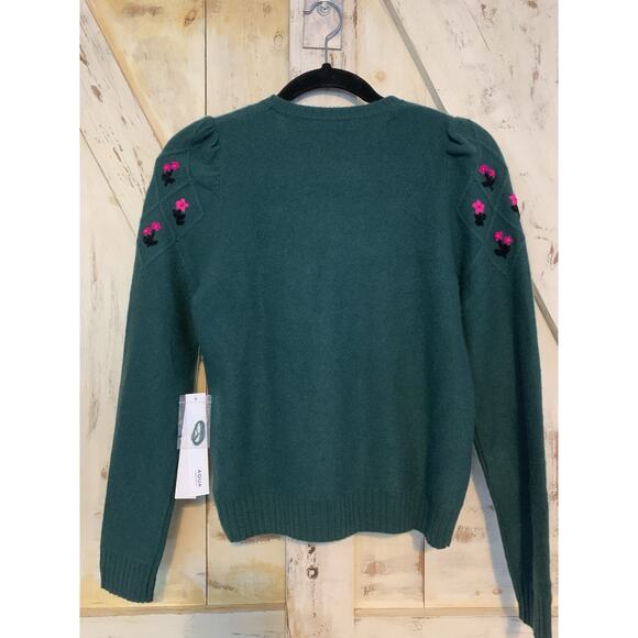 Aqua Cashmere 100% Green Sweater Pink Embroidered Flower Design Women's Size XS - Picture 11 of 15